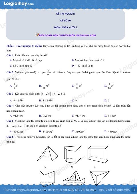 Đề thi học kì 1 Toán 7 - Đề số 10 - Cánh diều